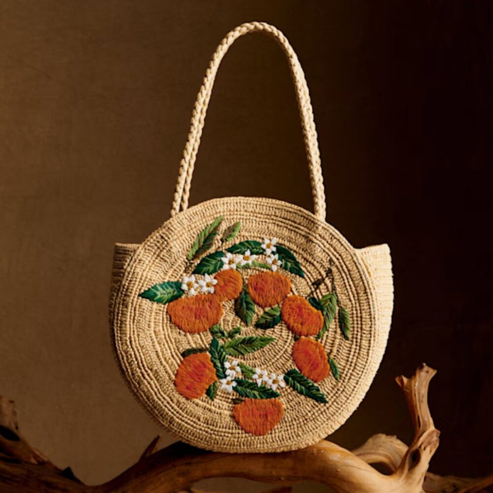 June Basket in Raffia Orange Embroidery - NWOT